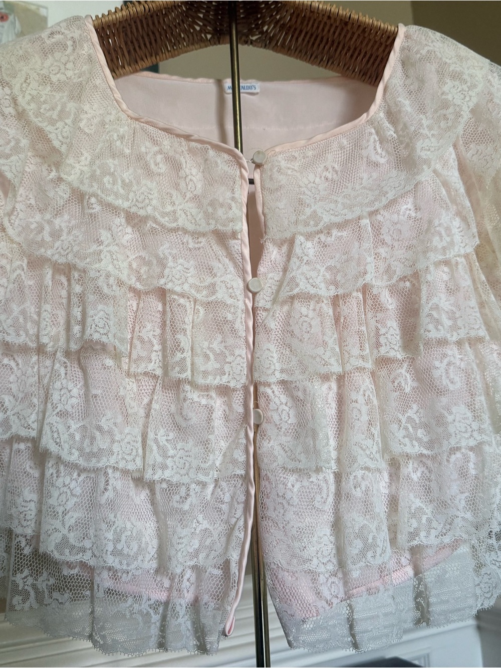 Vintage 50’s from Montaldos Night/Bed Jacket - pale pink with lace- Small